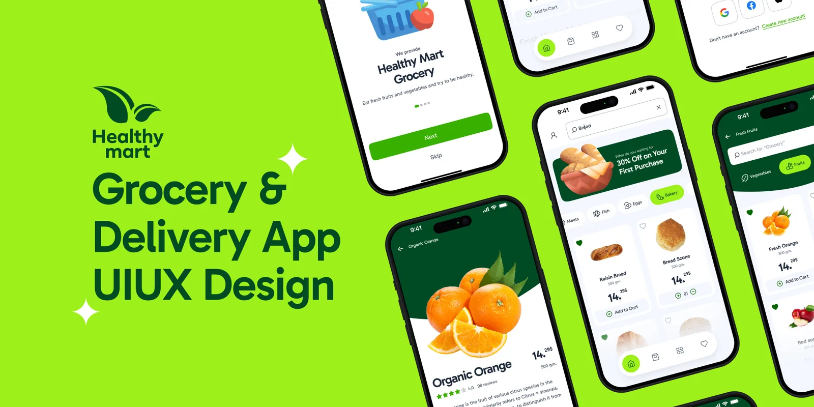 Healthy Mart grocery delivery mobile app UI screens on a bright green presentation background